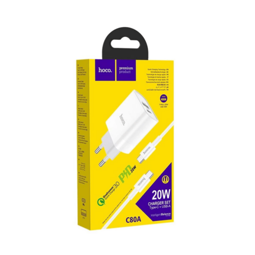 C80A Hoco ficha carga rápida dual port (C/USB) + cable tipo C-C