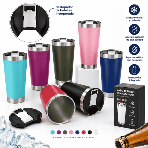 Vaso Térmico De Acero Inoxidable 473ml Con Tapa y Destapador