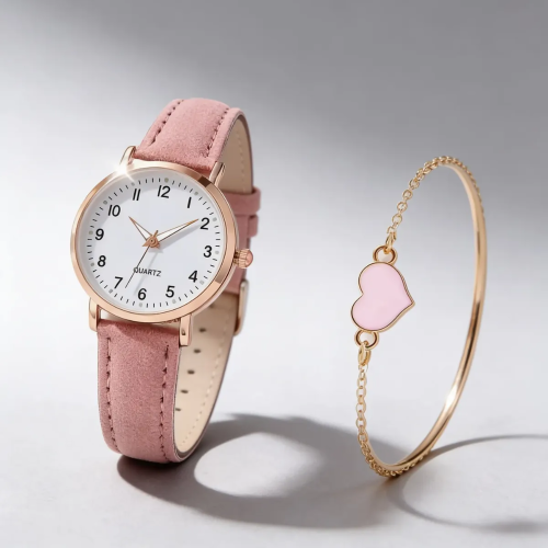 Set Reloj Dama Analógico Correa Con Pulsera Corazón