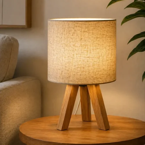 Lámpara De Mesa Trípode Madera Diseño Nórdico + Bombita Led