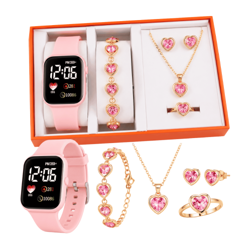 Set Reloj Digital Rosa Con Joyas Corazón Mujer