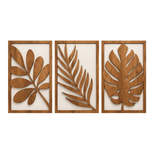 Set De 3 Cuadros Decorativos De Madera Con Hojas Tropicales