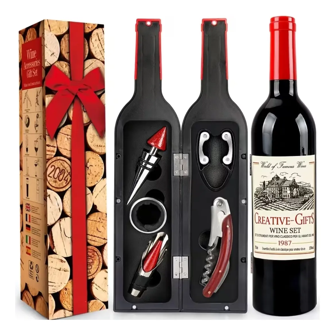 Set De Abridor Para Vino Con Estuche En Forma De Botella