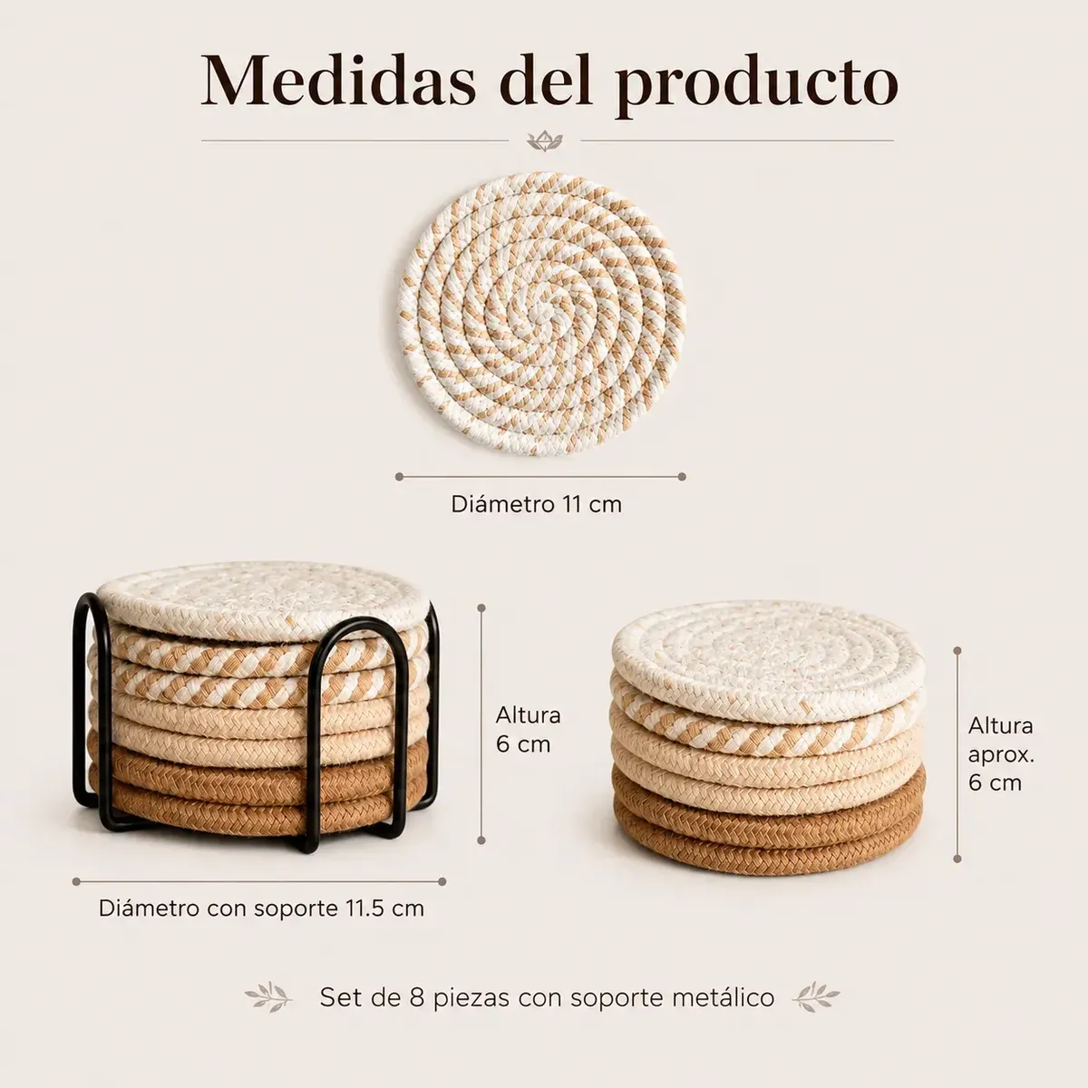 Set 8 Posavasos De Cuerda Trenzado Con Soporte - Imagen 2