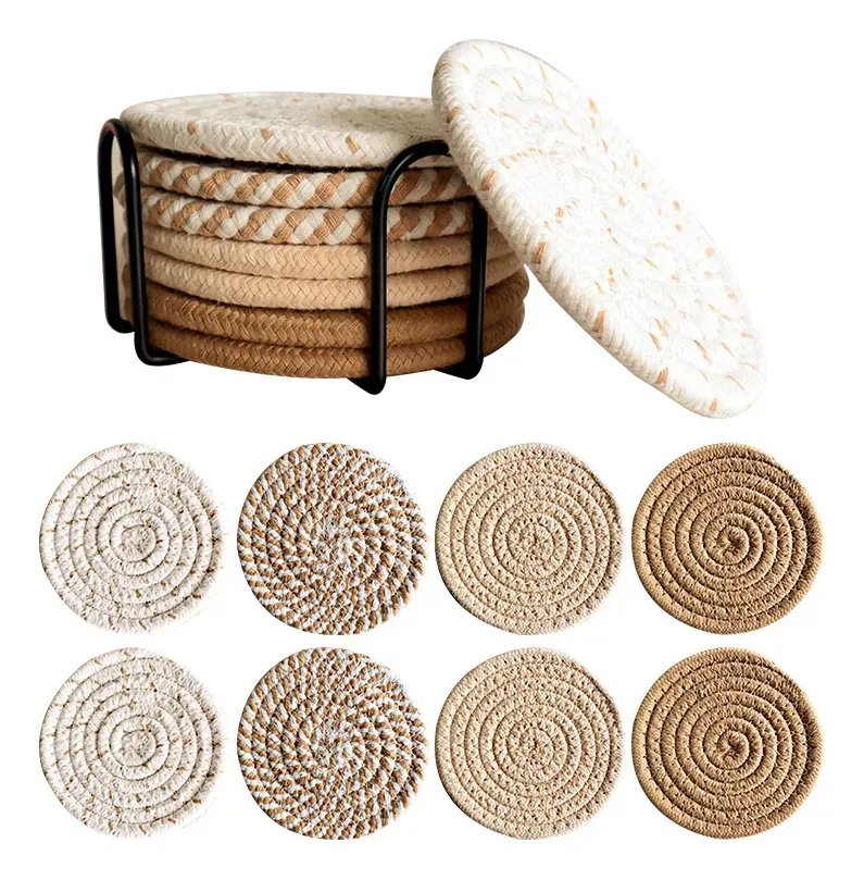 Set 8 Posavasos De Cuerda Trenzado Con Soporte