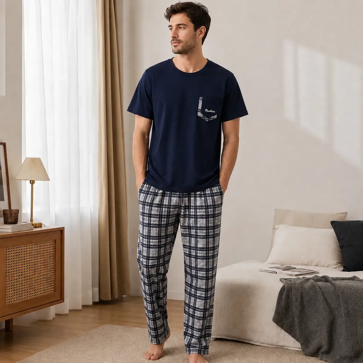 Pijama Hombre 3 Piezas Remera, Short Y Pantalón Cuadrillé - Imagen 4